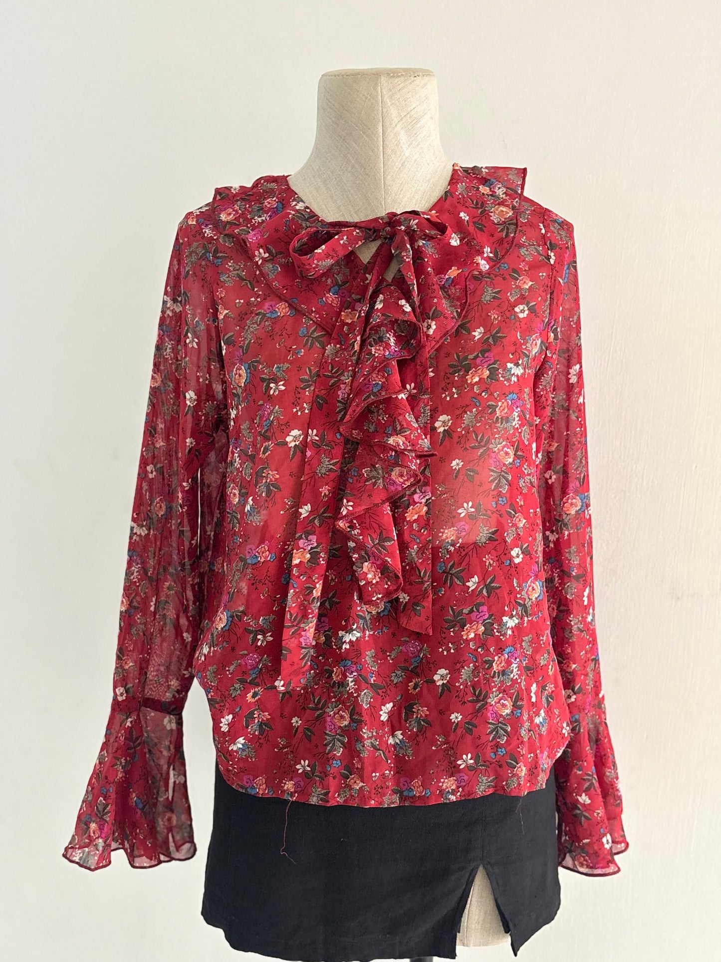 Red floral chiffon top
