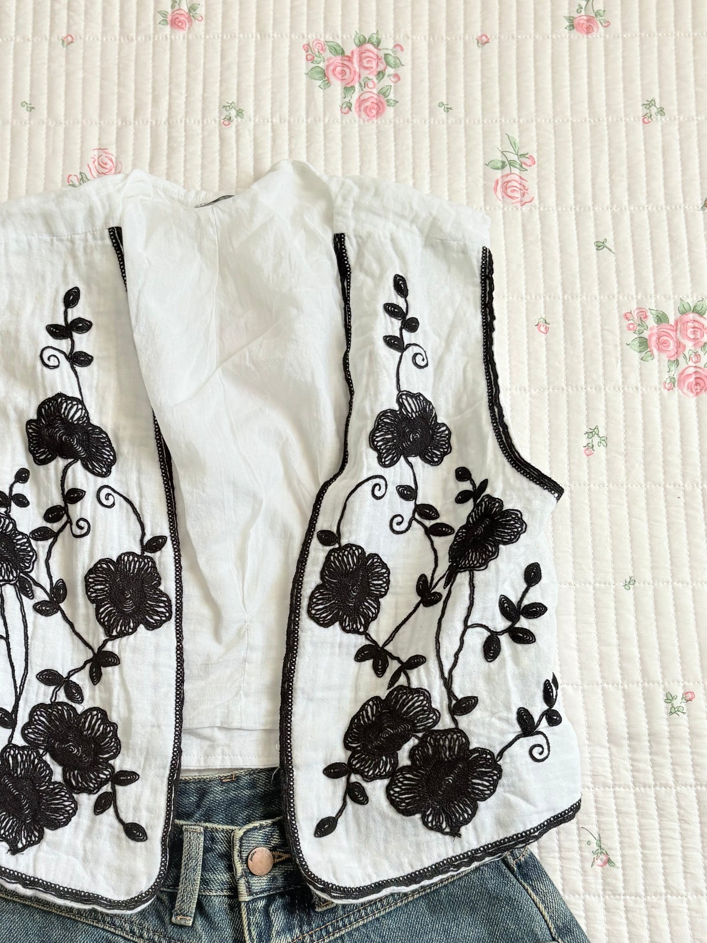 B/w embroidered vest