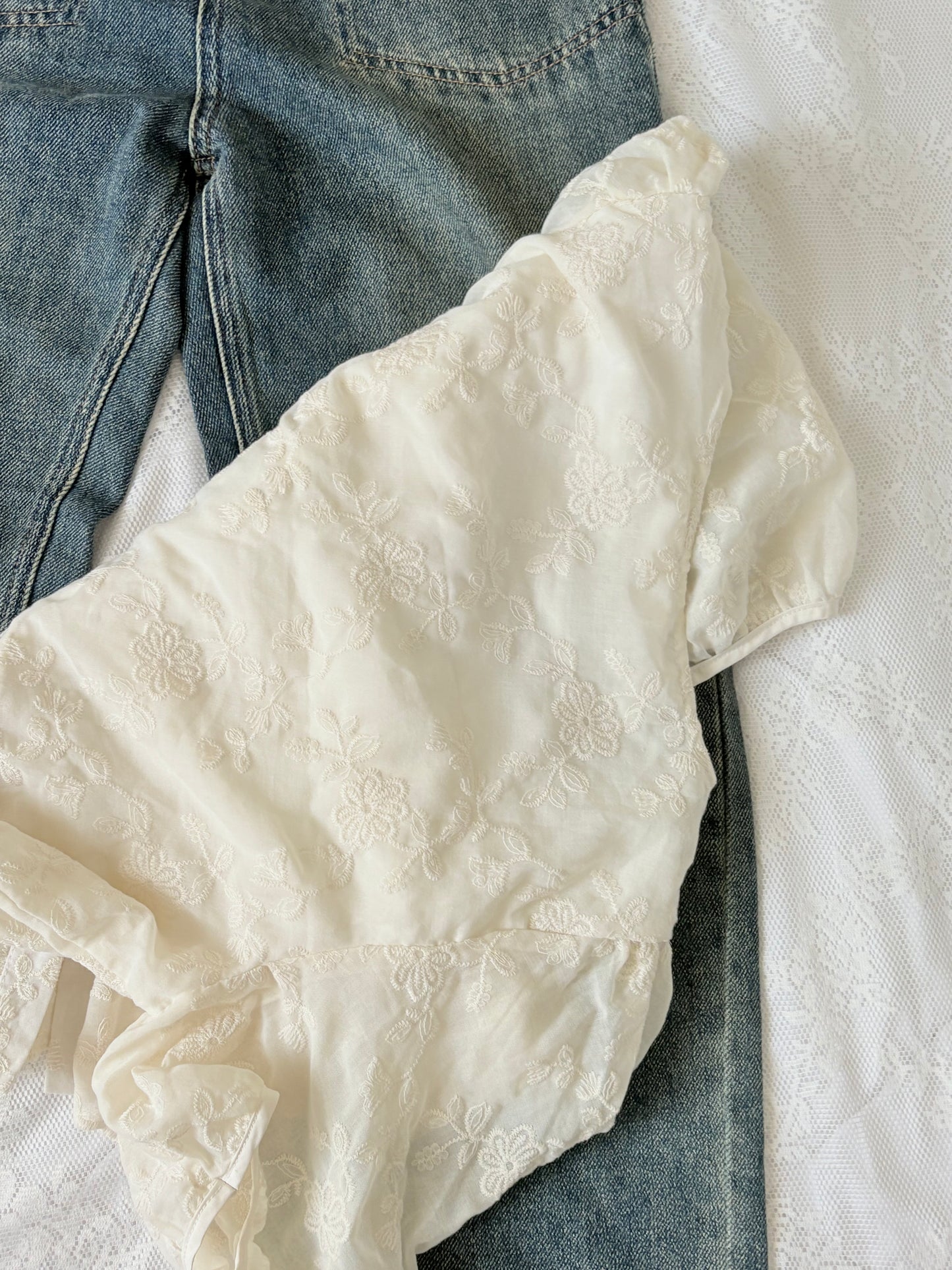 Cream embroidered tie top