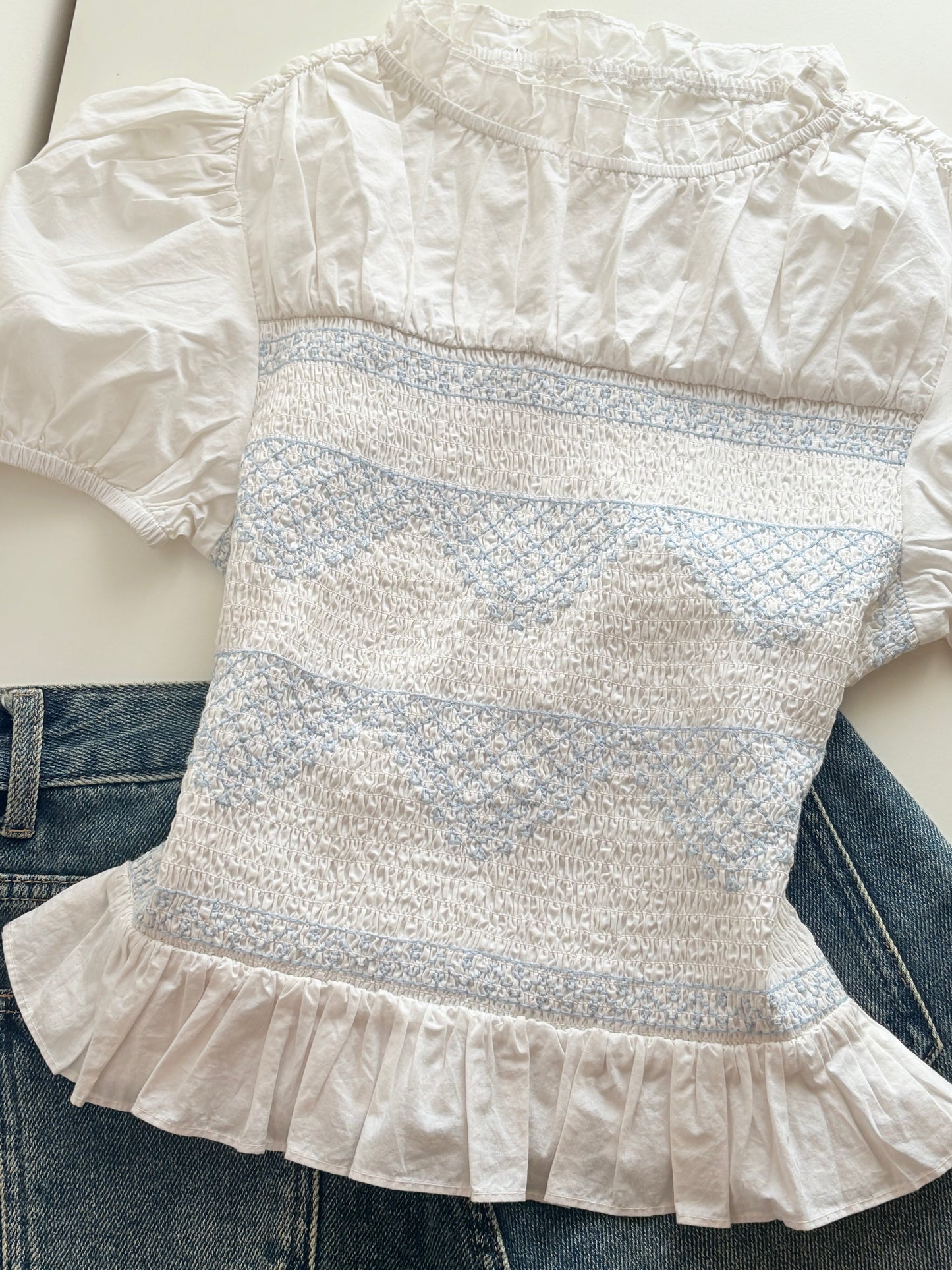 Blue white smocked top