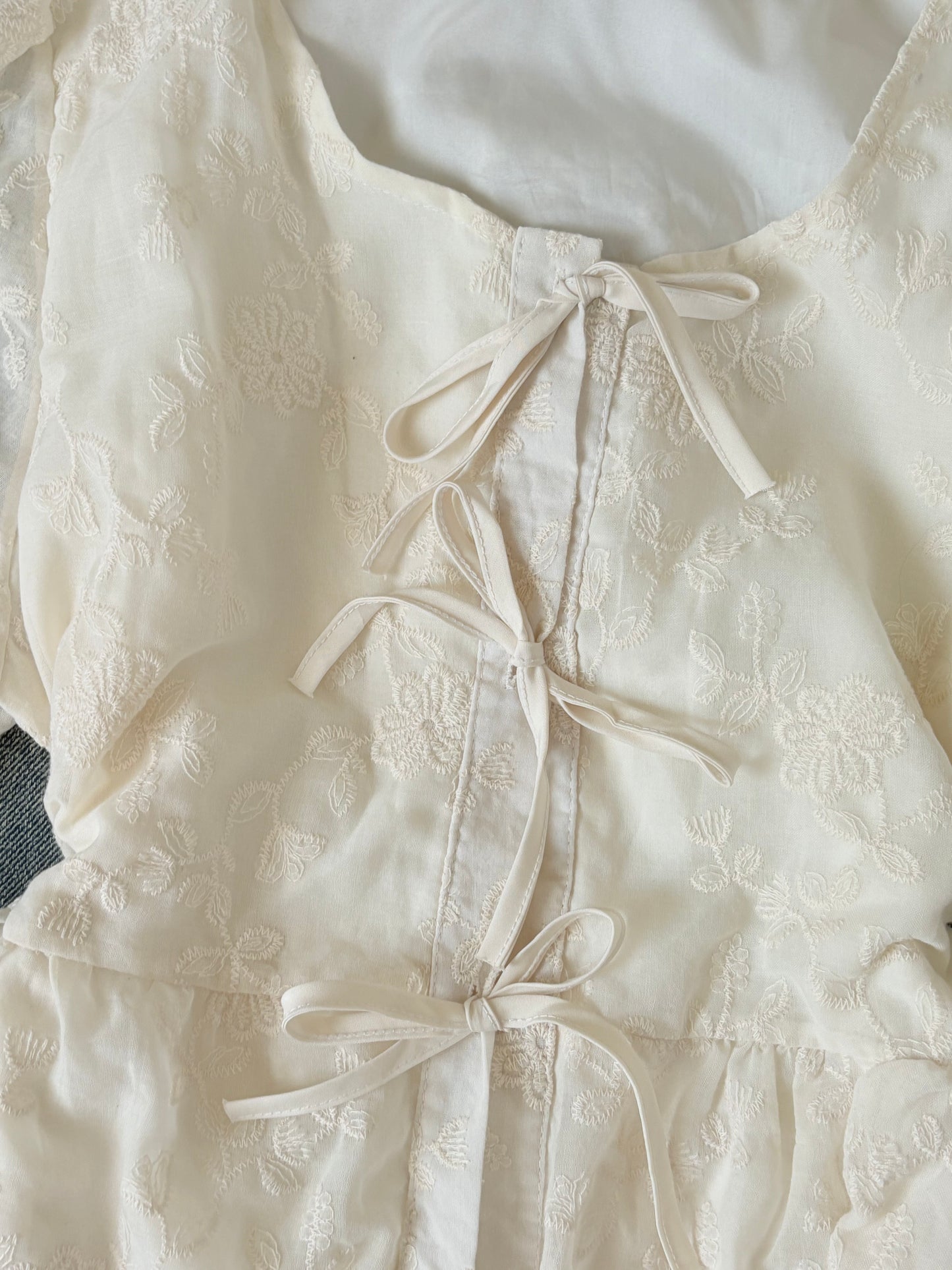 Cream embroidered tie top
