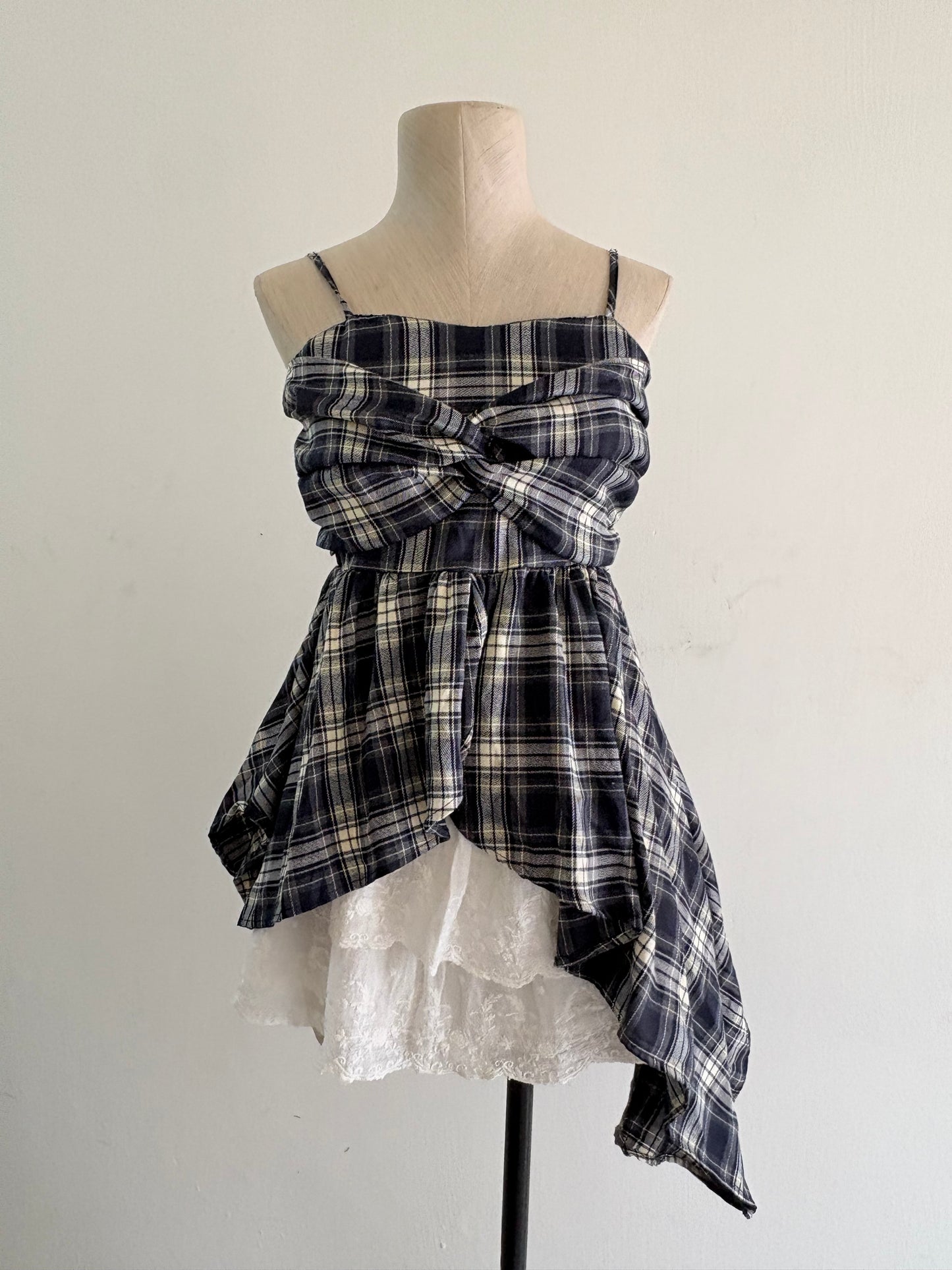 Blue plaid asymmetrical top