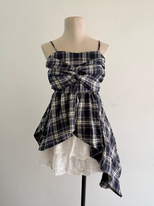 Blue plaid asymmetrical top