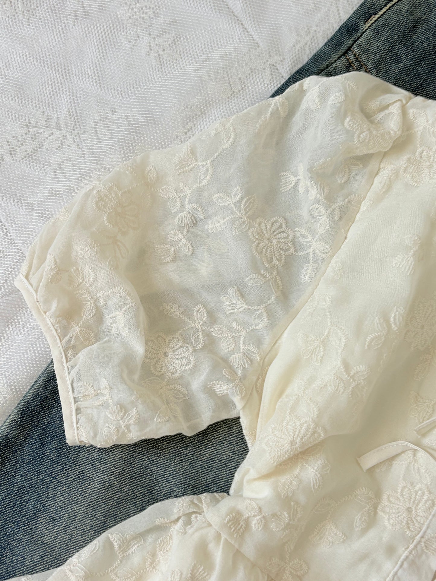 Cream embroidered tie top