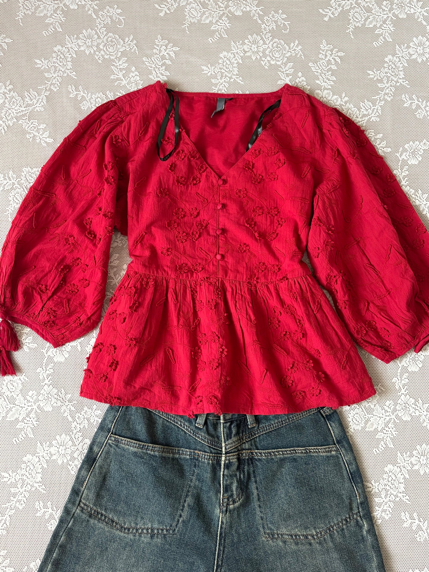 Red applique top