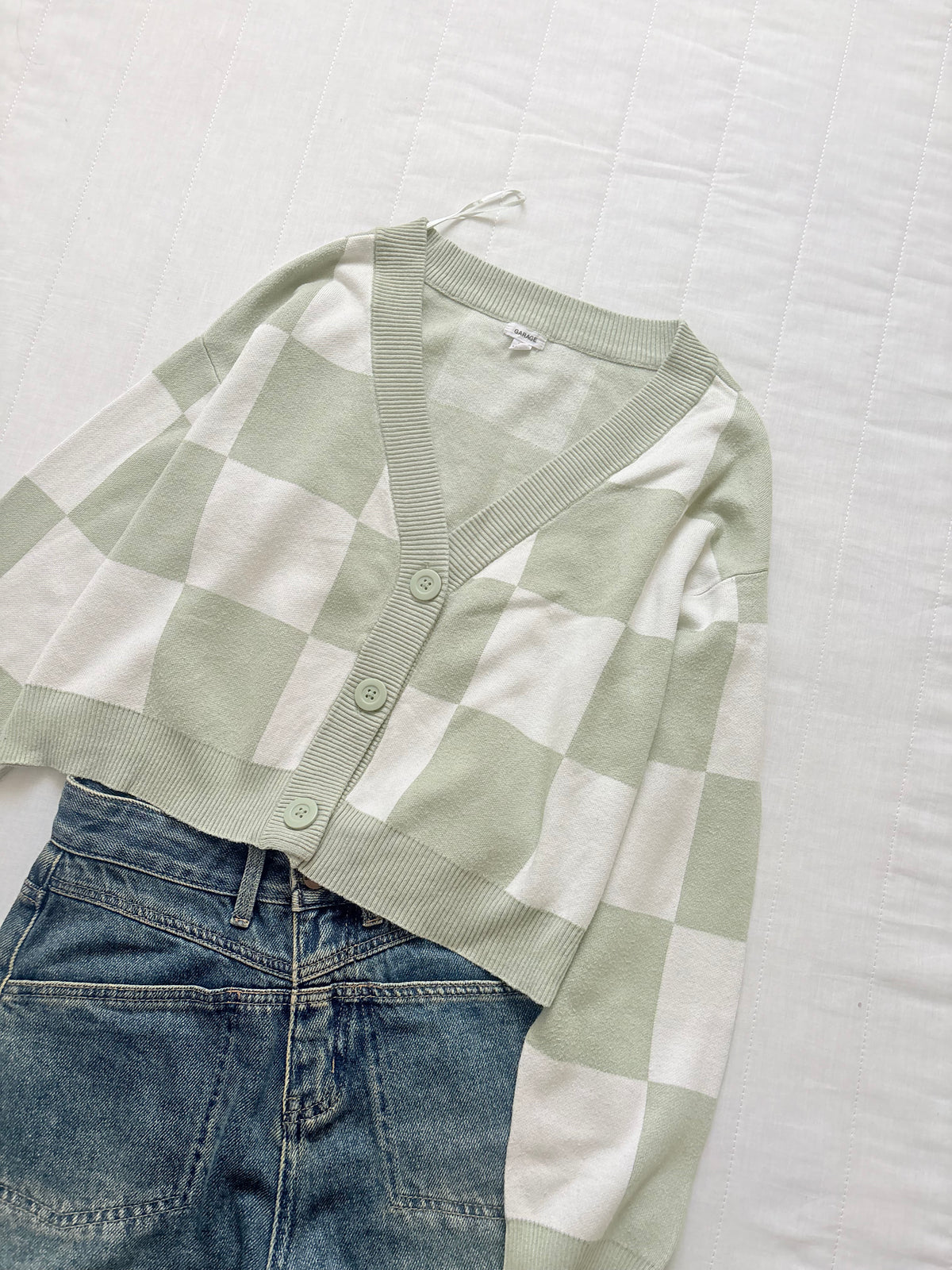 Green checkered cardigan