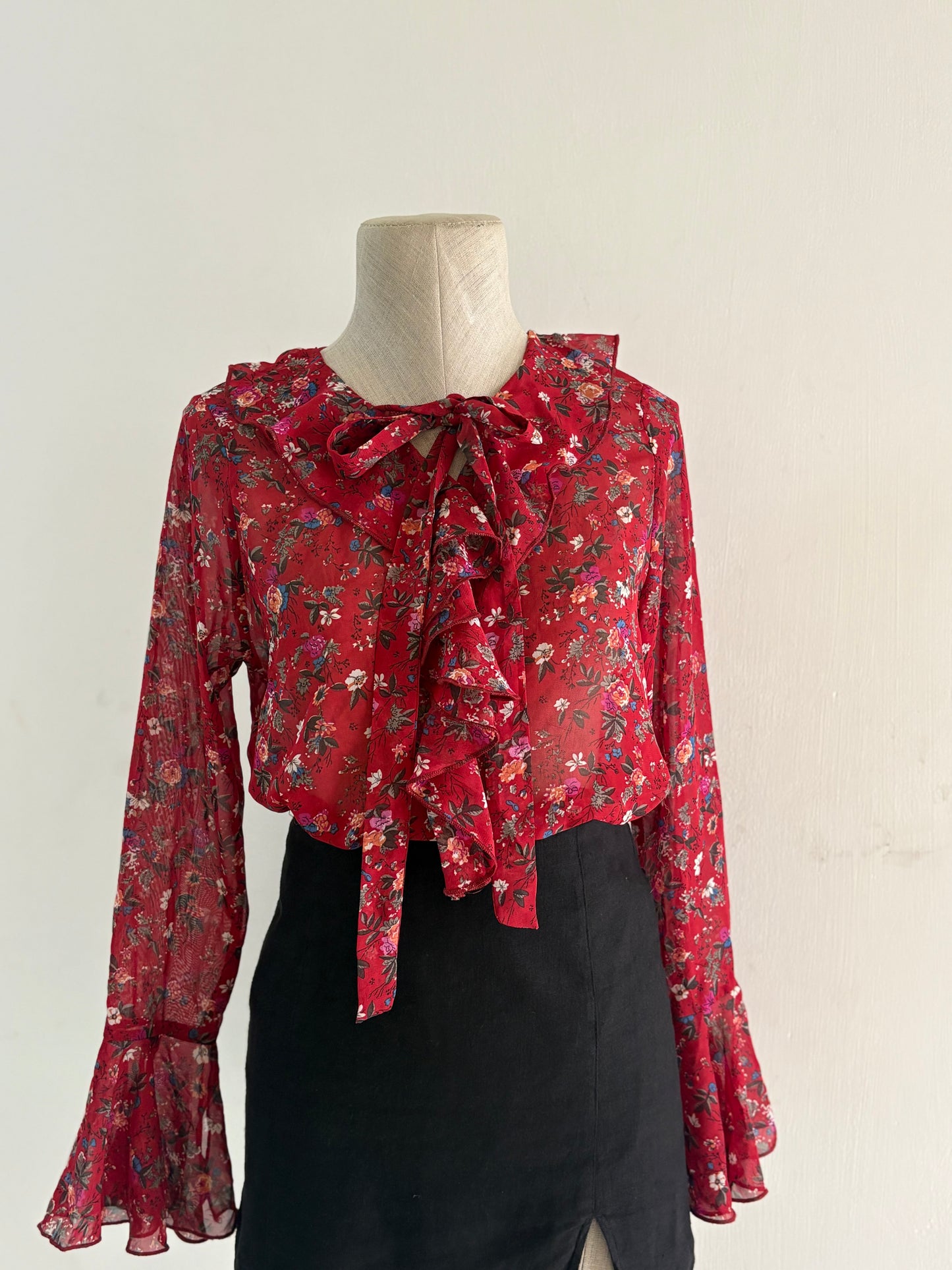 Red floral chiffon top