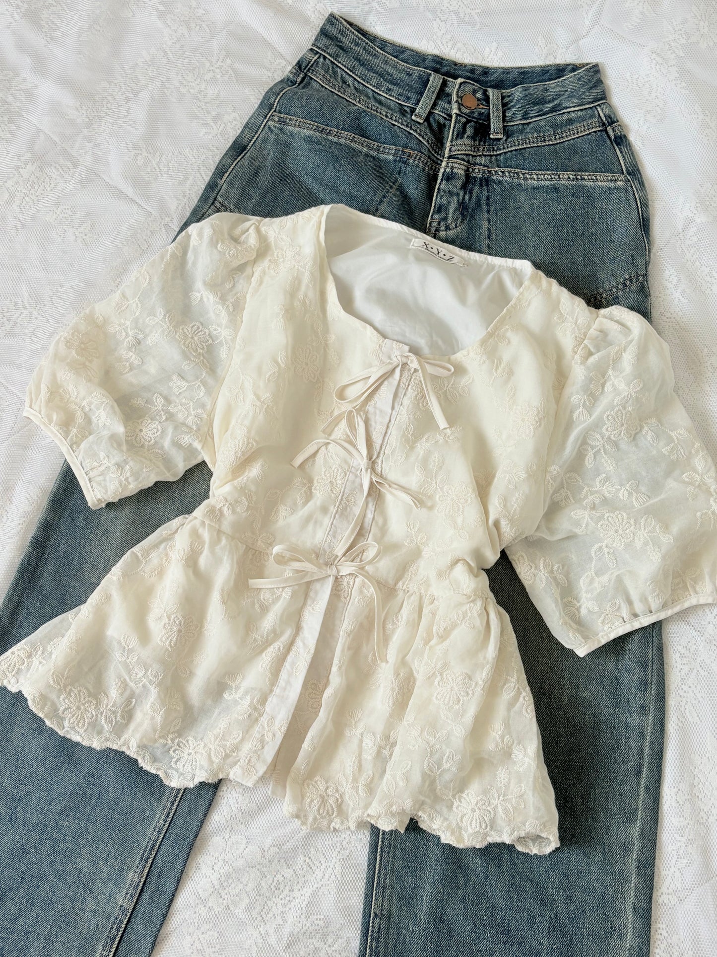 Cream embroidered tie top