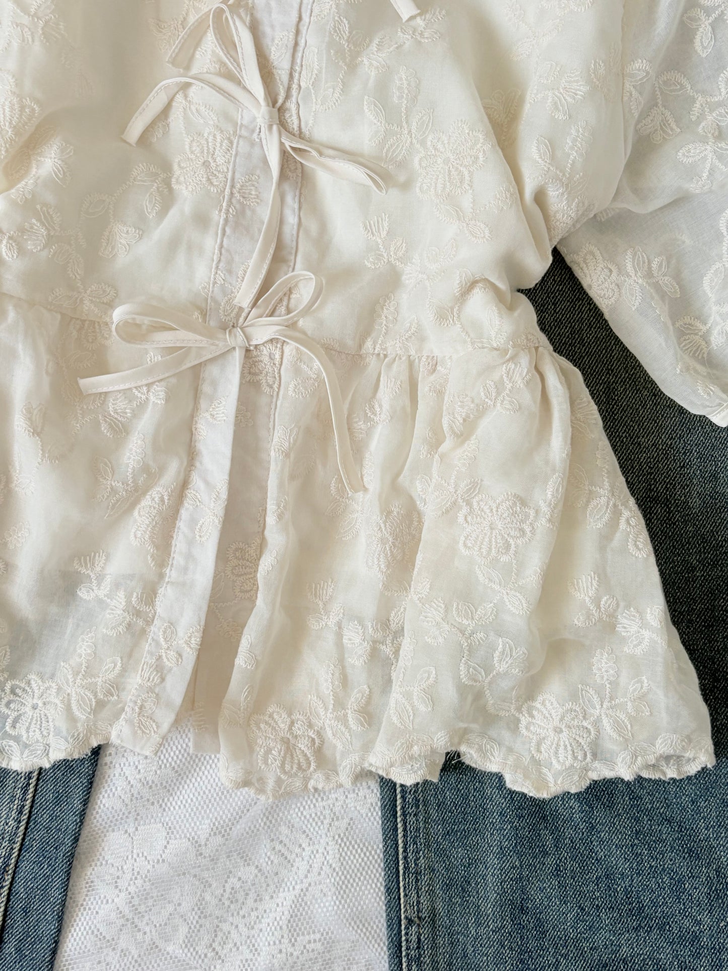 Cream embroidered tie top