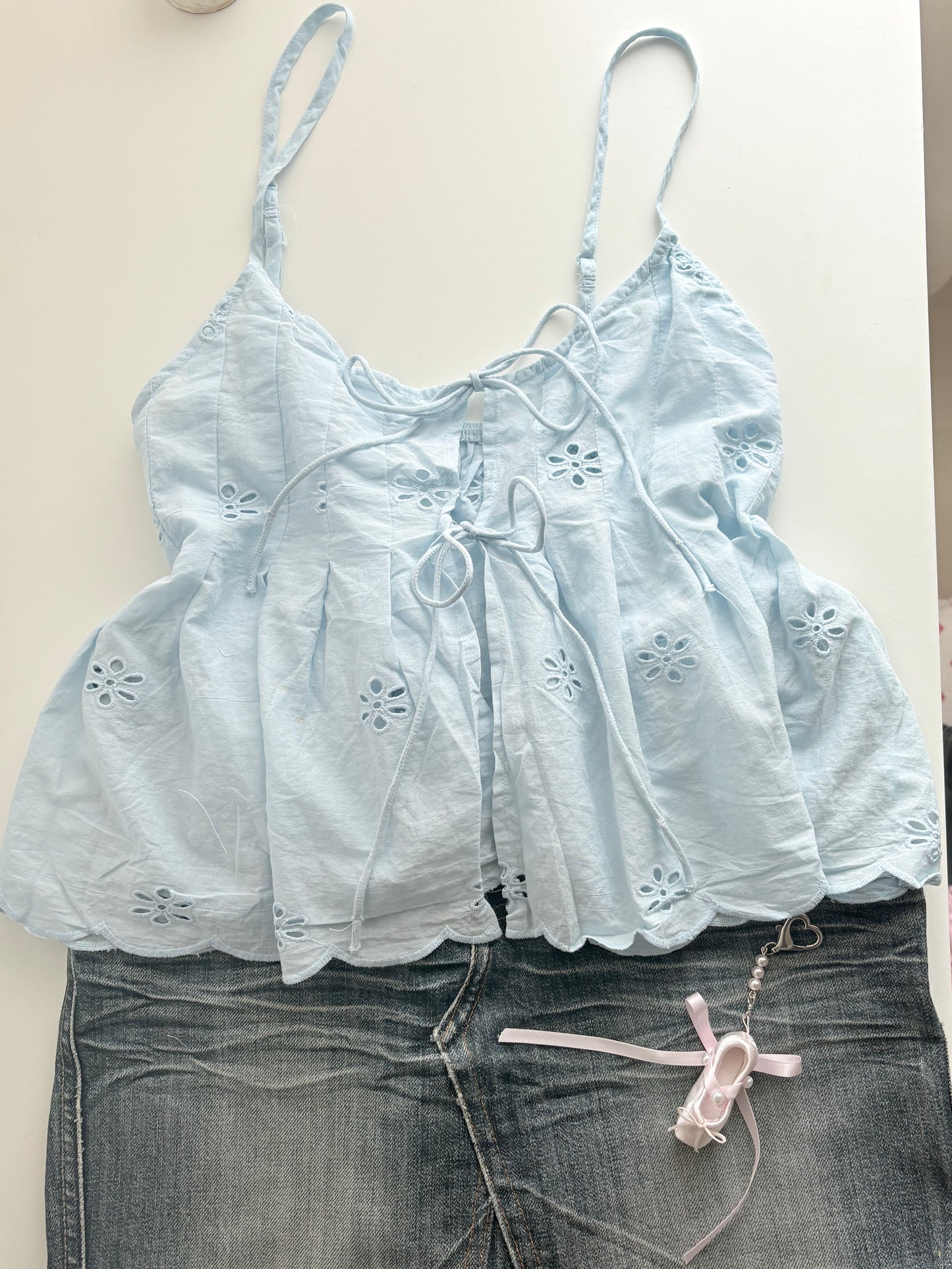 Blue tie eyelet top