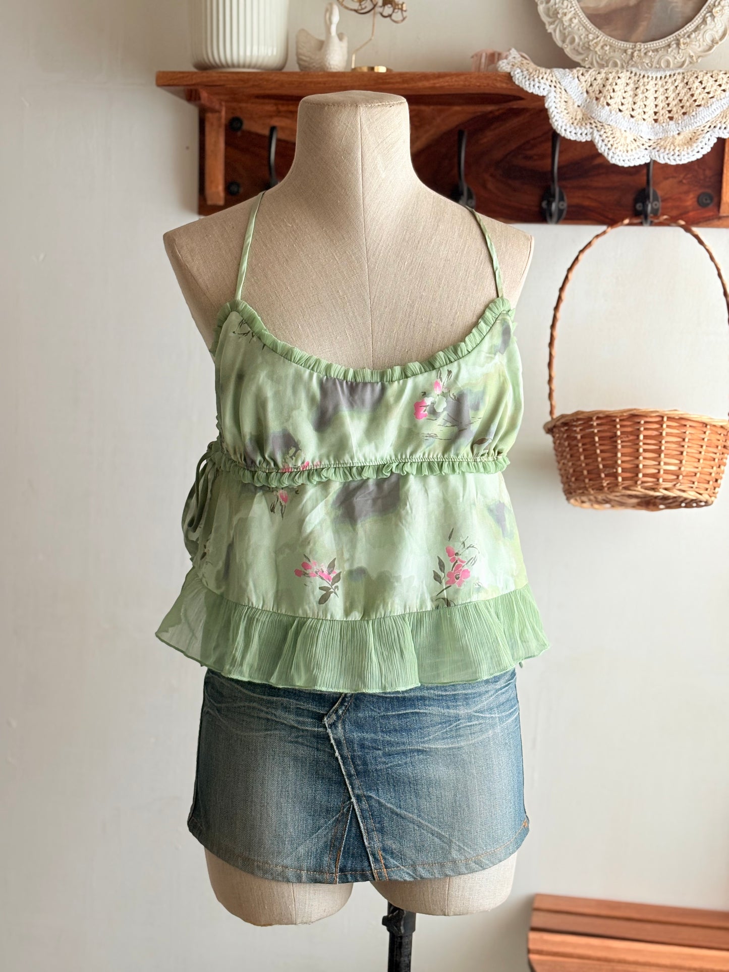 Green tie silk top