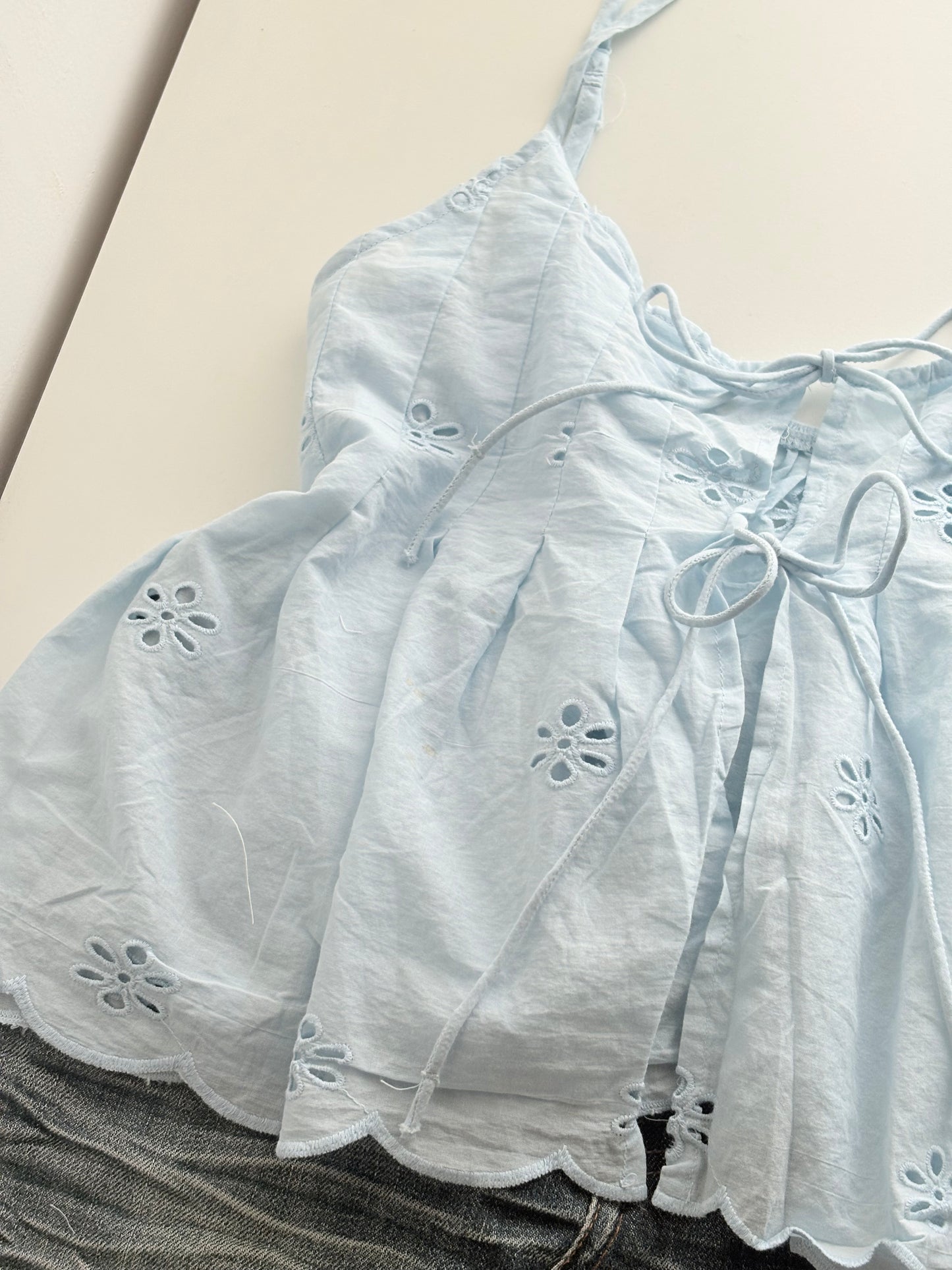 Blue tie eyelet top
