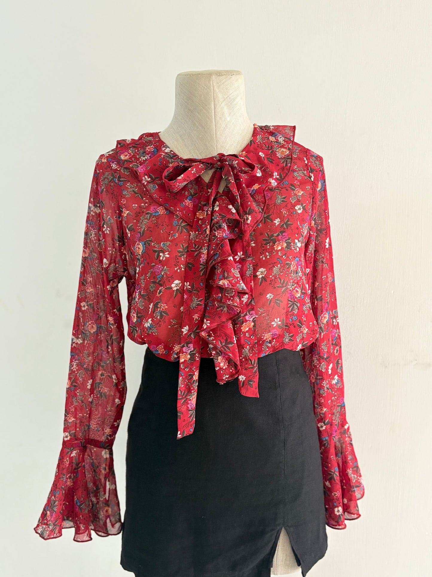 Red floral chiffon top