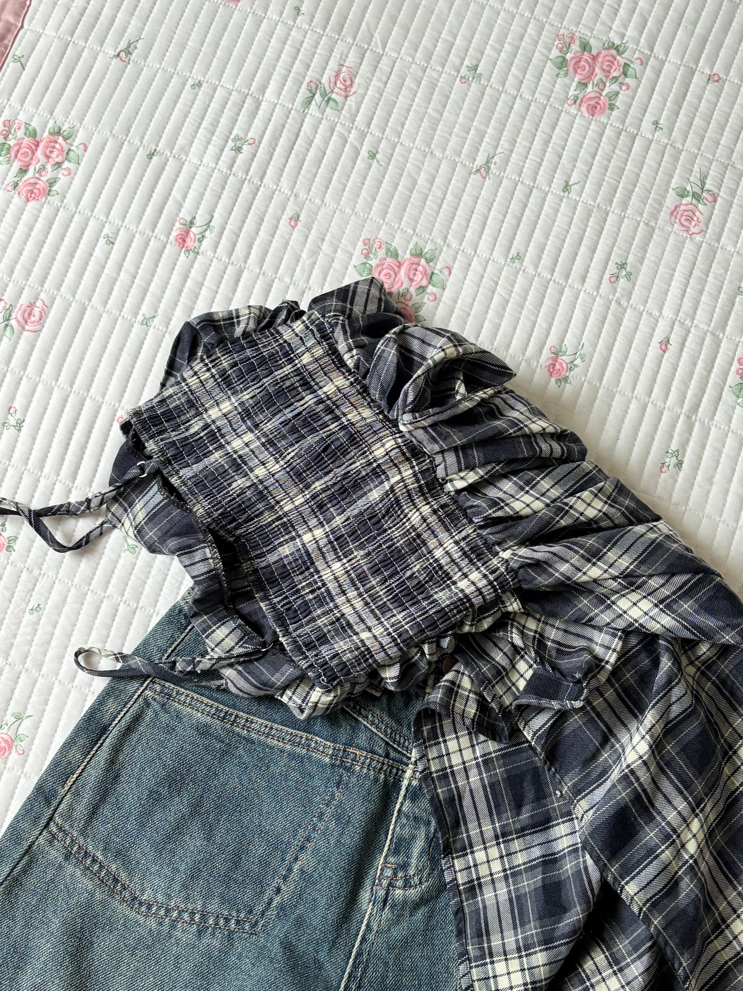 Blue plaid asymmetrical top