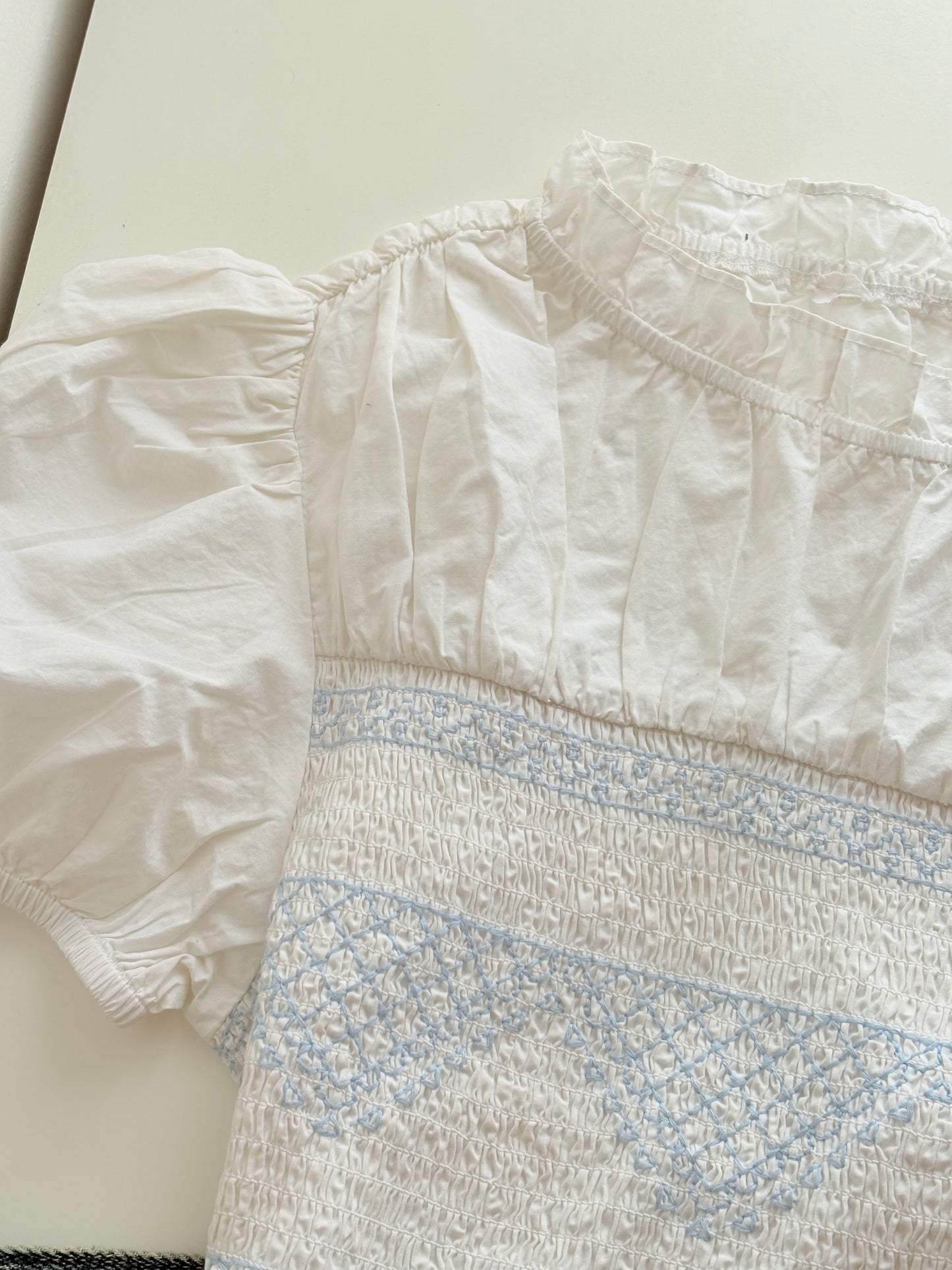 Blue white smocked top