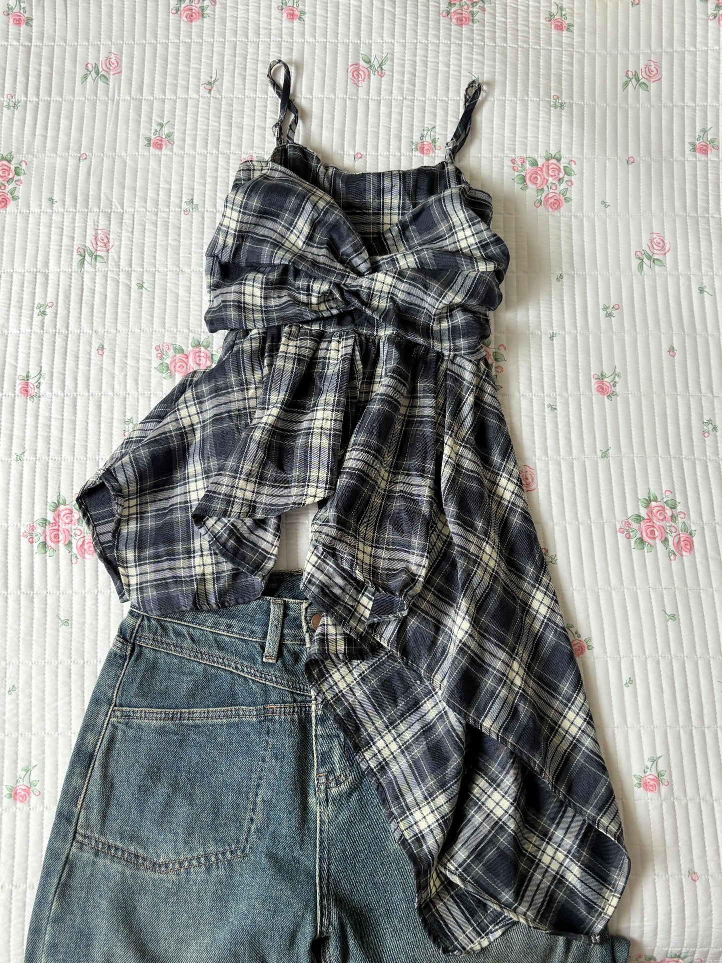 Blue plaid asymmetrical top