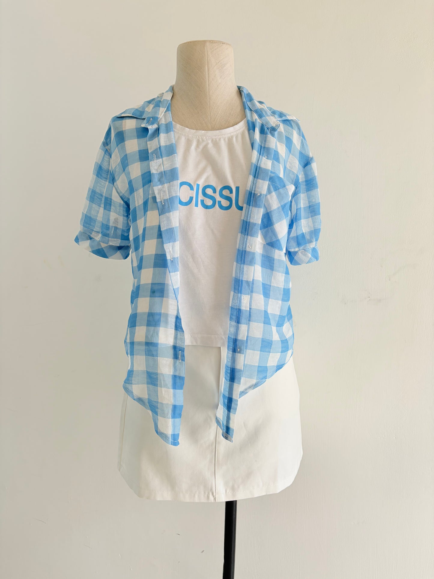 Blue gingham overlay top