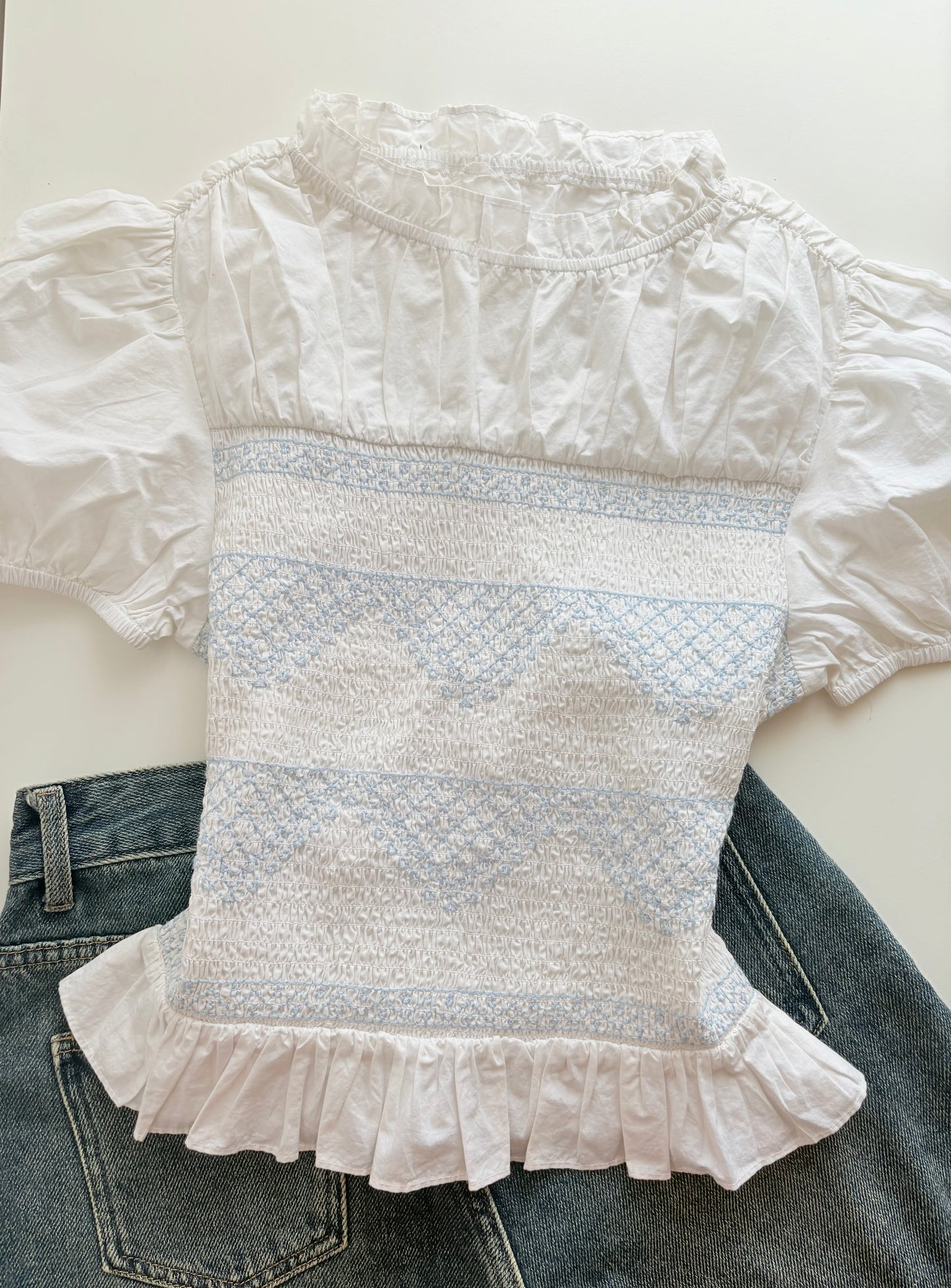 Blue white smocked top