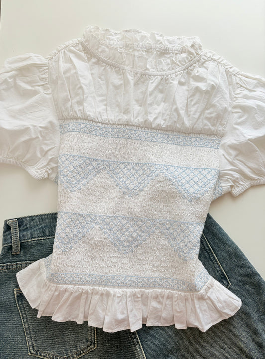 Blue white smocked top